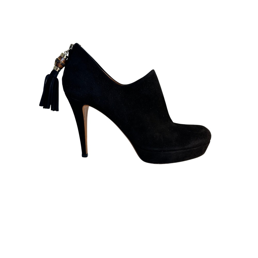 Gucci Betty Suede Platform Ankle Booties‎ Size 37.5 Black Bamboo Tassel Italy